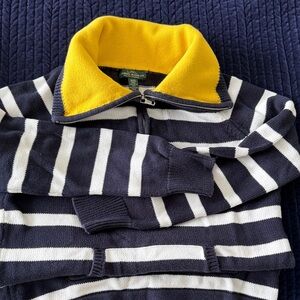 Ralph Lauren Navy and White Striped Cardigan with Yellow Collar